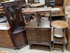 A Jaycee oak television cabinet together with a pair of occasional tables, tea trolley,