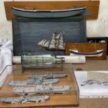 A Ship diorama together with half section models, ship in a bottle,