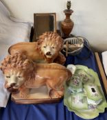 A pair of Staffordshire lions together with a part dressing table set, Jerusalem mirror,