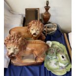 A pair of Staffordshire lions together with a part dressing table set, Jerusalem mirror,