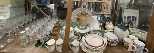 A large lot including drinking glasses, chandelier, ceiling lamp, tureens,