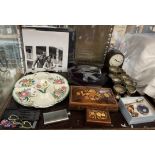 A shell inlaid box, together with a marquetry box, clock,