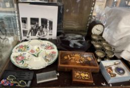 A shell inlaid box, together with a marquetry box, clock,