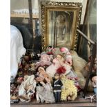 A mohair teddy bear together with collectors dolls and lead figures