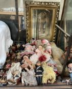 A mohair teddy bear together with collectors dolls and lead figures