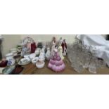 A collection of Coalport and Royal Worcester figures together with glass jugs, glass vinegar jugs,