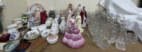 A collection of Coalport and Royal Worcester figures together with glass jugs, glass vinegar jugs,