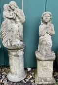 A reconstituted stone figure of a kneeling child in prayer together with another of a loving couple.