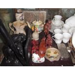 An African carved walking stick together with carved Chinese figures, rolls razor, part tea set,