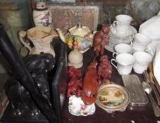 An African carved walking stick together with carved Chinese figures, rolls razor, part tea set,