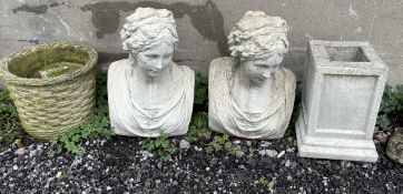 A pair of reconstituted stone busts of female figures together with a basket weave decorated