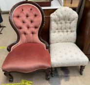 A Victorian button back upholstered nursing chair on turned front legs and casters together with a