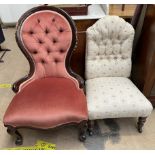 A Victorian button back upholstered nursing chair on turned front legs and casters together with a
