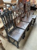 A set of six 17th century style carved oak dining chairs with leaf carved cresting rails and