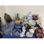 A modern Chinese blue and white vase and cover together with glass bowls, jugs,