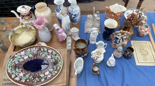 A Nao figure together with a majolica bread plate, Staffordshire figures, Maling pottery bowl,