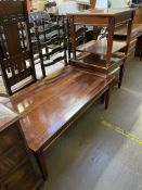 A modern yew wood coffee table with a rectangular top together with a pair of matching side tables