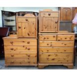 A pine chest of drawers together with another pine chests of drawers and a pair of pine bedside