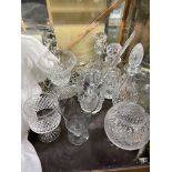 Crystal glass decanters together with glass vases etc