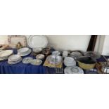 A large lot containing glass cake dish and cover, glass tazza, meat plates, decorative plates,