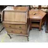 A teak bureau together with an inlaid hexagonal topped coffee table