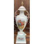 A continental porcelain twin handled vase table lamp,