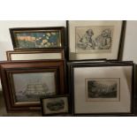 A collection of framed bookplates and other prints