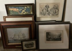 A collection of framed bookplates and other prints