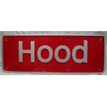 A Class 50 Locomotive Association aluminium nameplate "Hood", painted red,