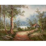 I Cafieri A cottage by a lake Oil on canvas Signed Together with a collection of pictures and