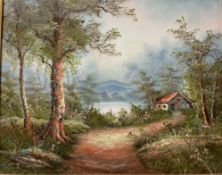 I Cafieri A cottage by a lake Oil on canvas Signed Together with a collection of pictures and