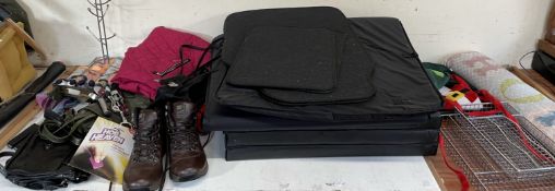 Three Gym mats together with walking boots, clothes,