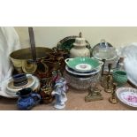 A Majolica bread plate together with copper lustre jugs, pottery vase and cover,