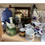 A pair of flared carnival glass bowls together with a tiled twin handled tray,