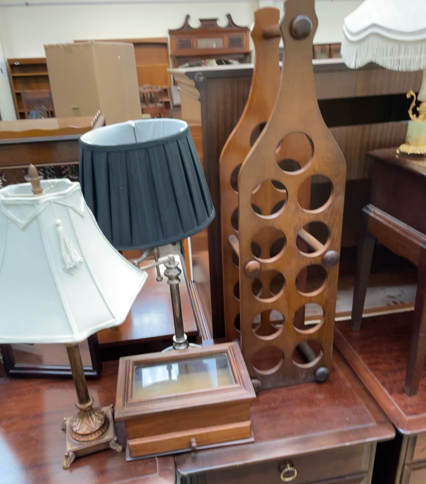 A wine rack together with three table lamps and a table top display cabinet - Bild 2 aus 3