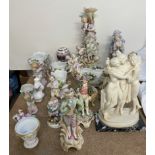 A continental porcelain figural centrepiece together with a collection of continental figures etc