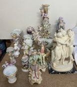 A continental porcelain figural centrepiece together with a collection of continental figures etc