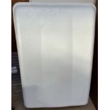 A white plastic car roof storage box