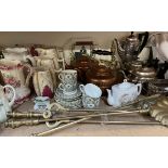 An electroplated three piece tea set together with brass fires side set, copper kettles,