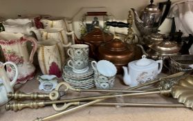 An electroplated three piece tea set together with brass fires side set, copper kettles,