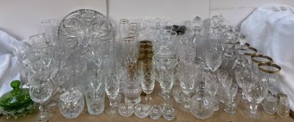Assorted wine glasses, decanters,