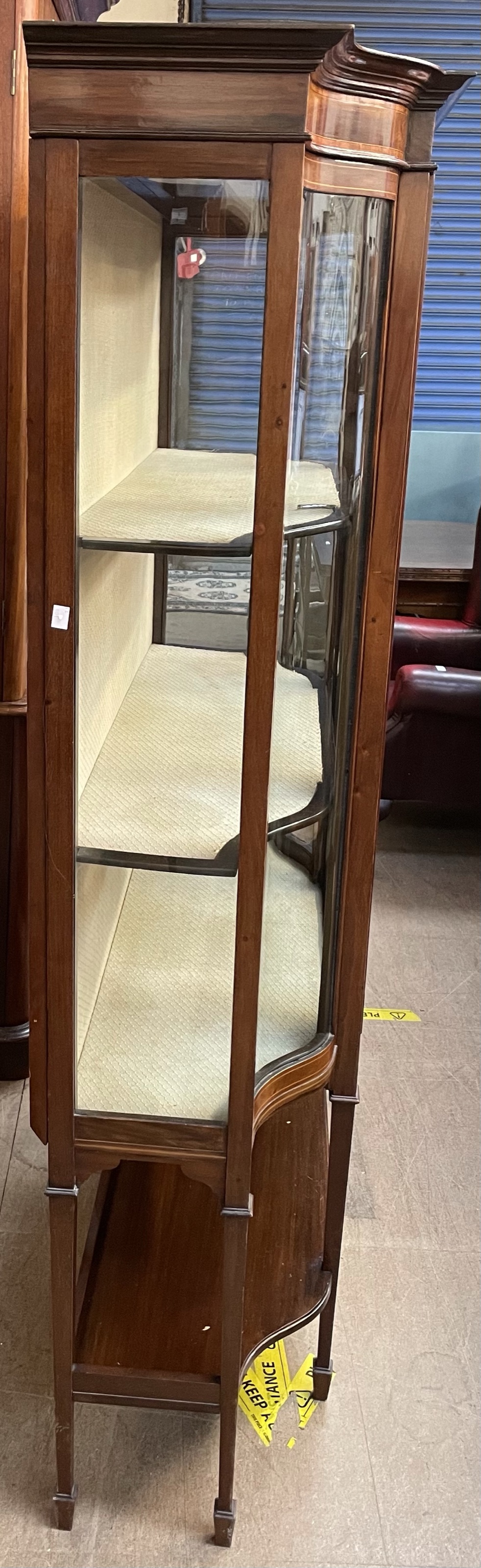 A matched pair of Edwardian mahogany display cabinets, with moulded cornice, glass doors, - Image 5 of 7