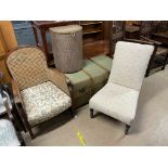 A beregere arm chair together with a Victorian upholstered nursing chair a loom laundry basket and