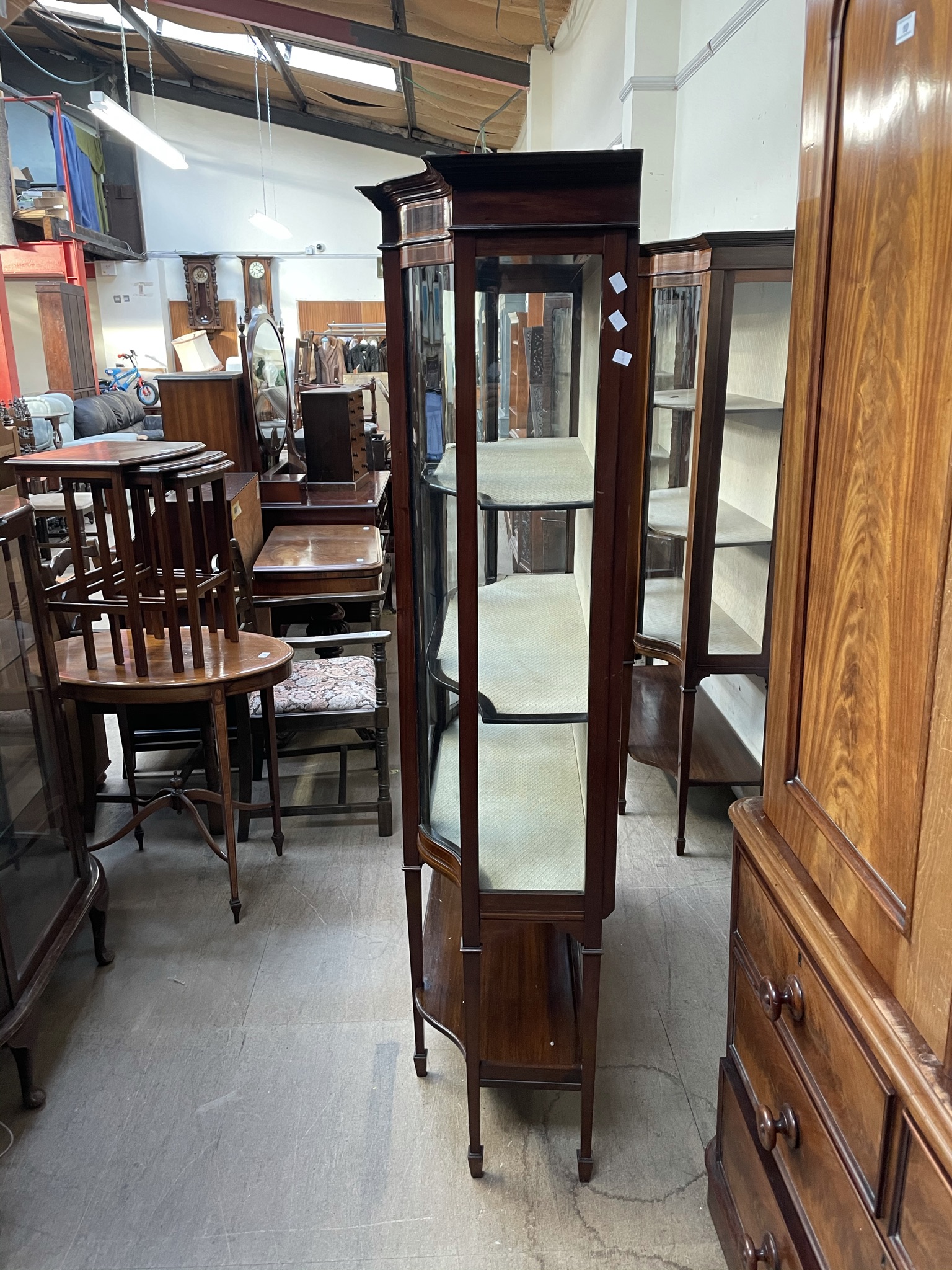 A matched pair of Edwardian mahogany display cabinets, with moulded cornice, glass doors, - Image 6 of 7