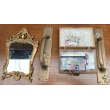 A pair of brass door handles together with a gilt wall mirror and a box containing stamps