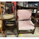 A metamorphic child's high chair together with an upholstered arm chair