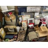 Photograph frames together with pottery birds, stoneware storage jar,