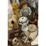 A doll together with teddy bears, a dressing table set, camera,