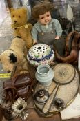 A doll together with teddy bears, a dressing table set, camera,