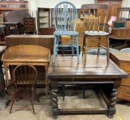 A 20th century oak drawleaf dining table together with a pine wash stand and four assorted chairs